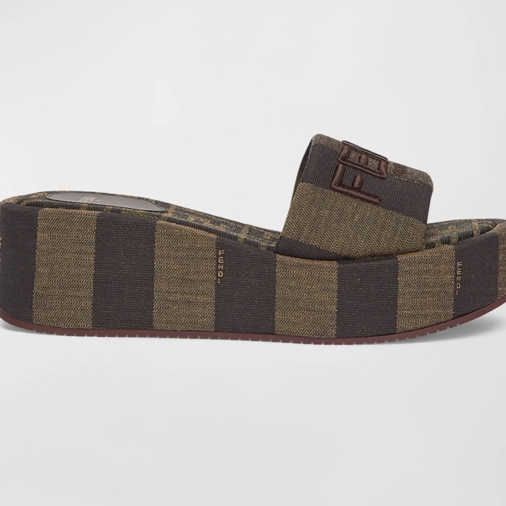Fendi Brown Striped Platform Slide Sandals
